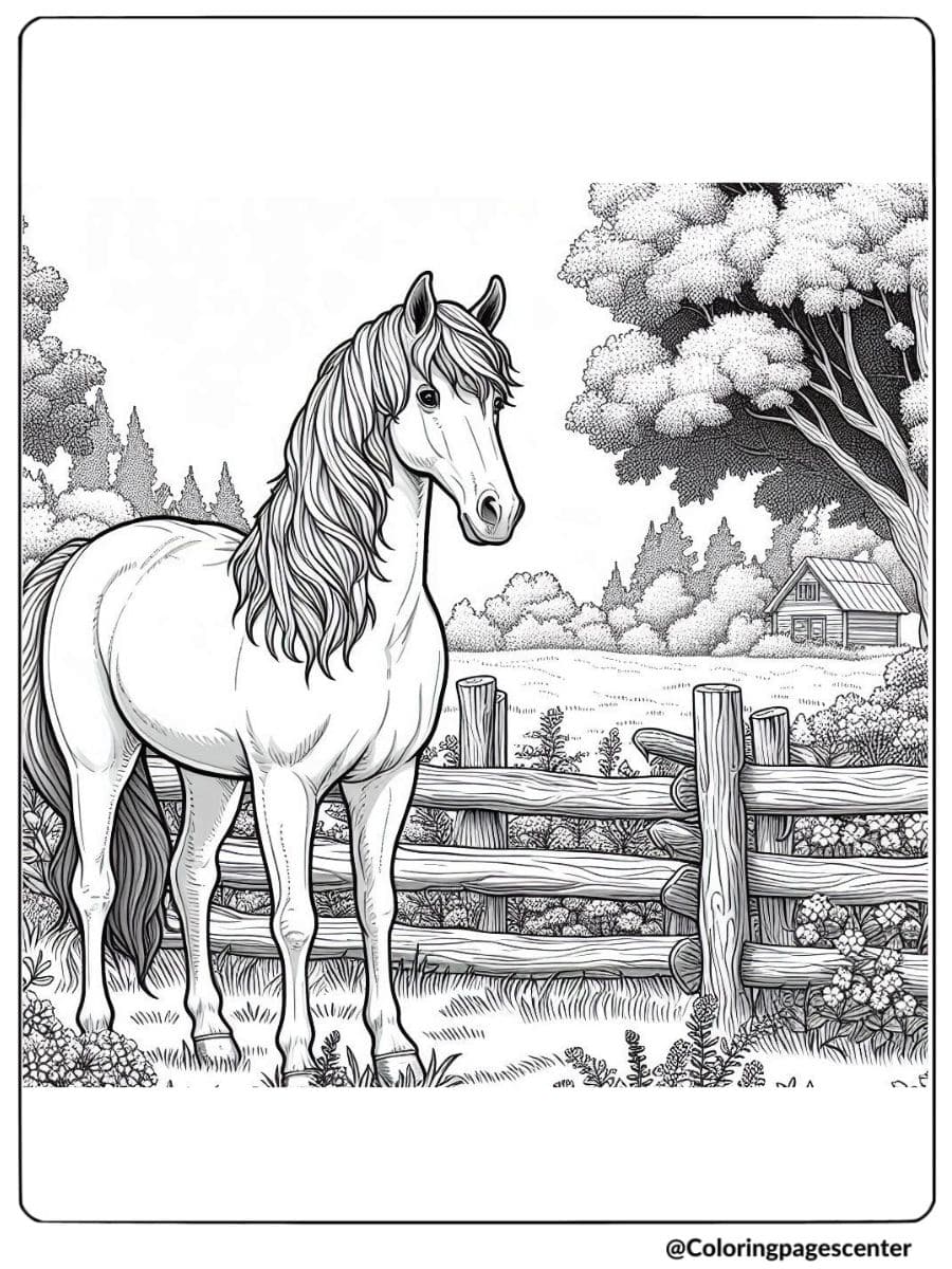 Realistic horse near a fence with trees coloring page