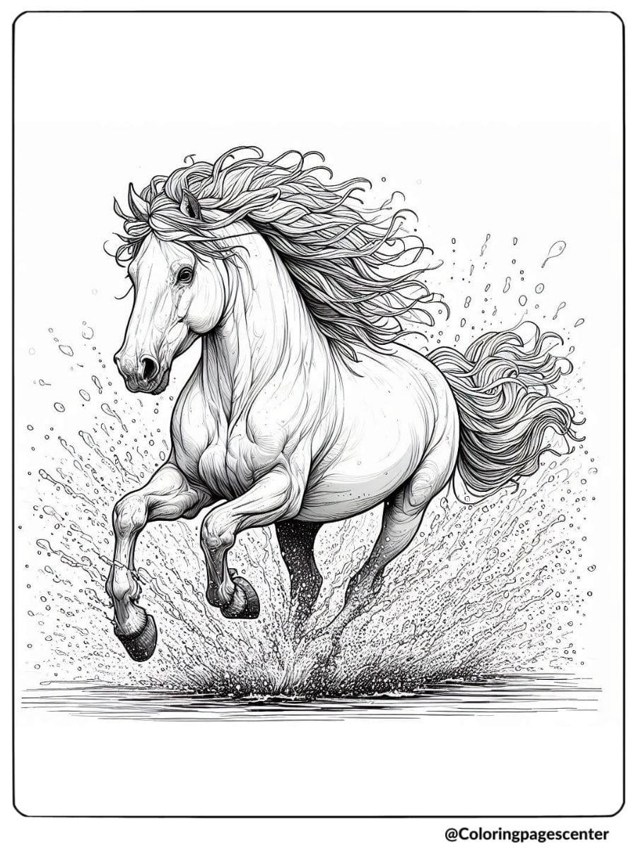 Realistic horse splashing water as it gallops coloring page