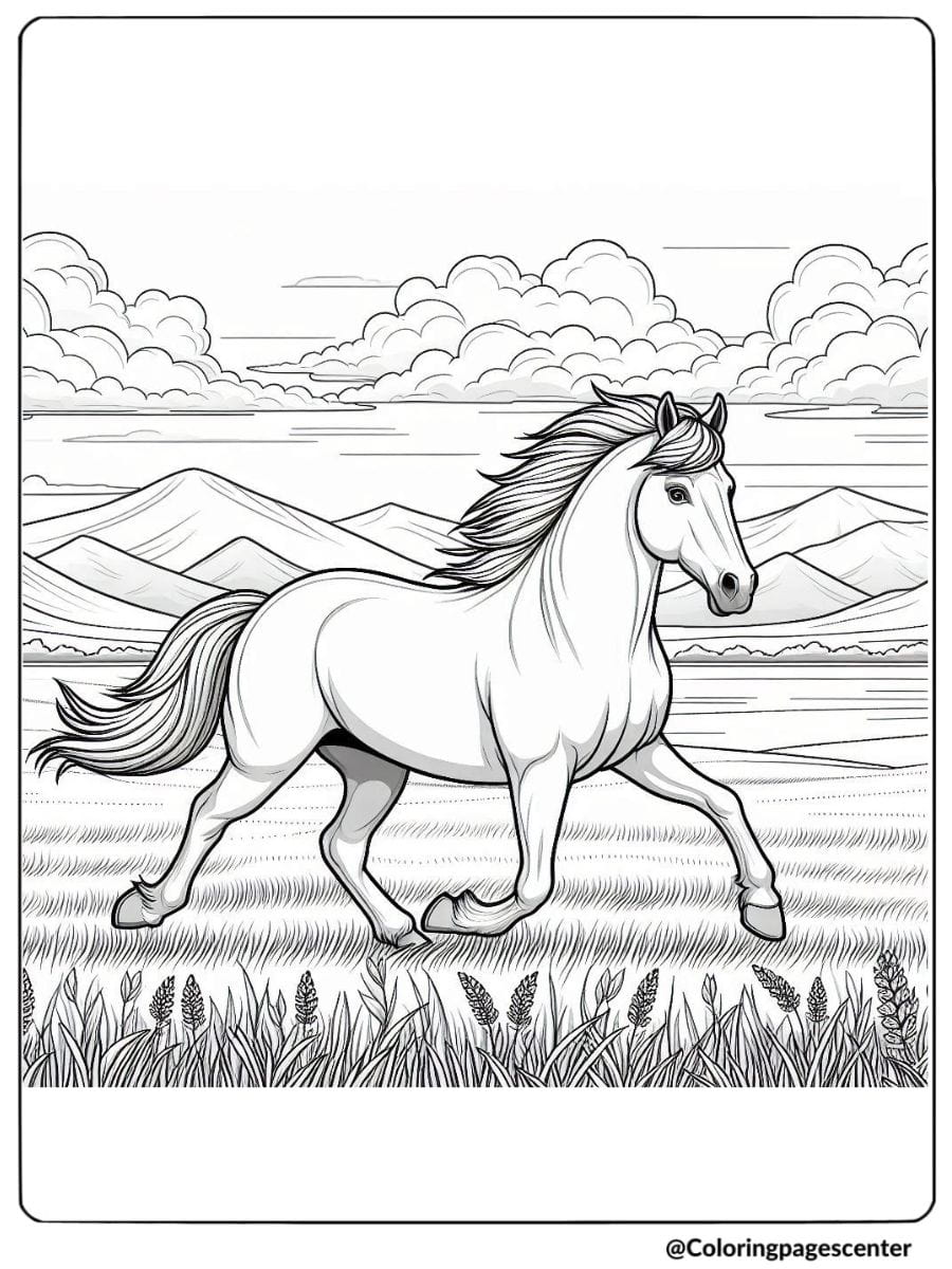 Realistic horse in a mountain field coloring page