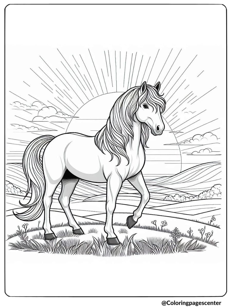 Realistic horse with scenic sunset coloring page