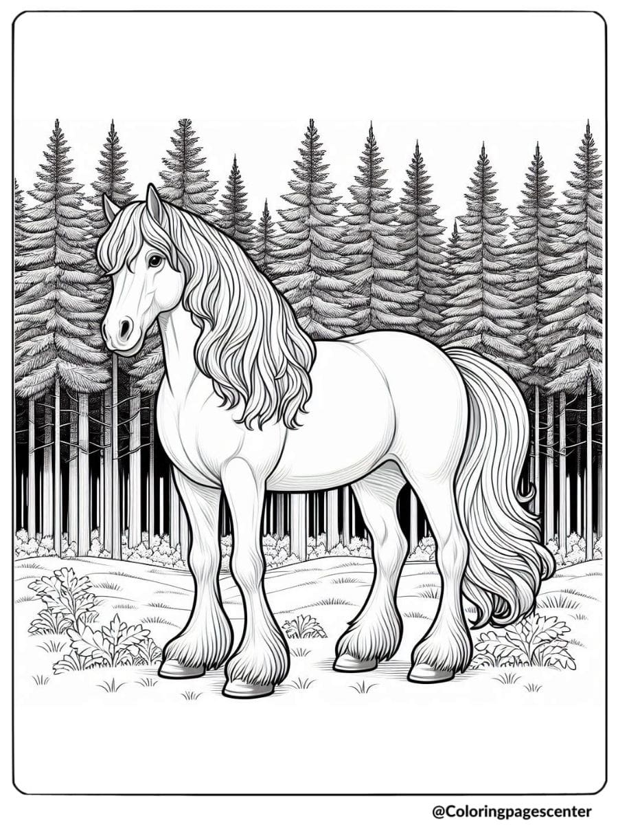 Realistic horse in front of a pine forest coloring page