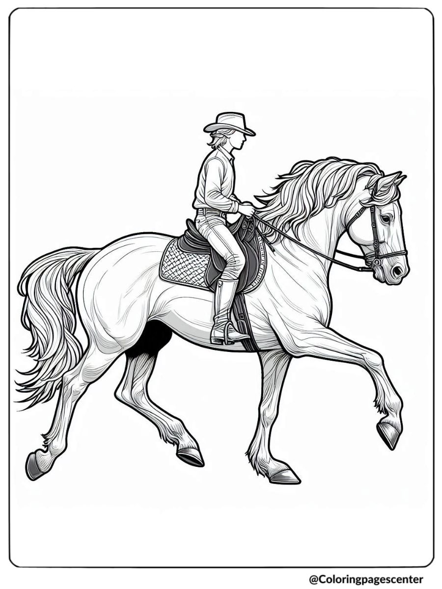 Realistic horse with a rider in saddle coloring page