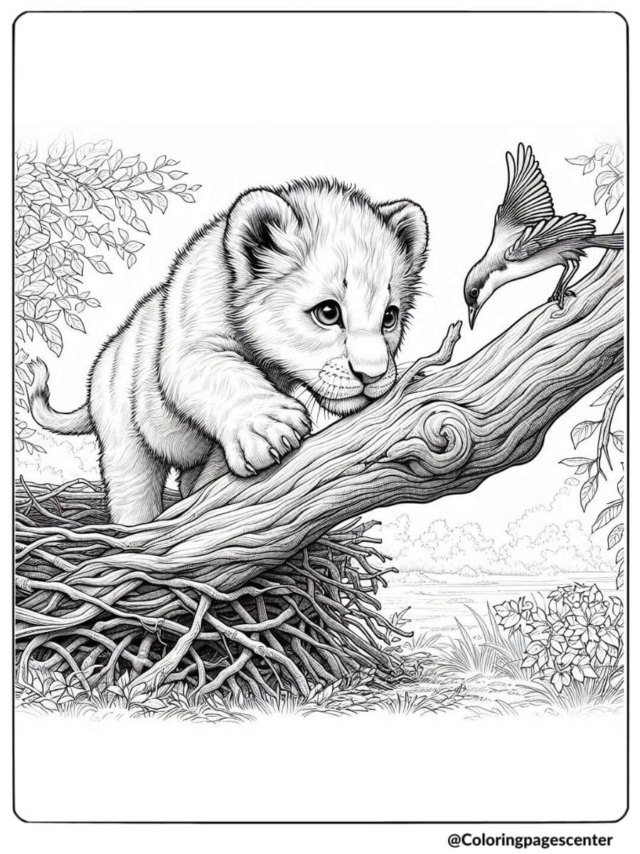 Lion cub climbing a branch with a bird coloring page