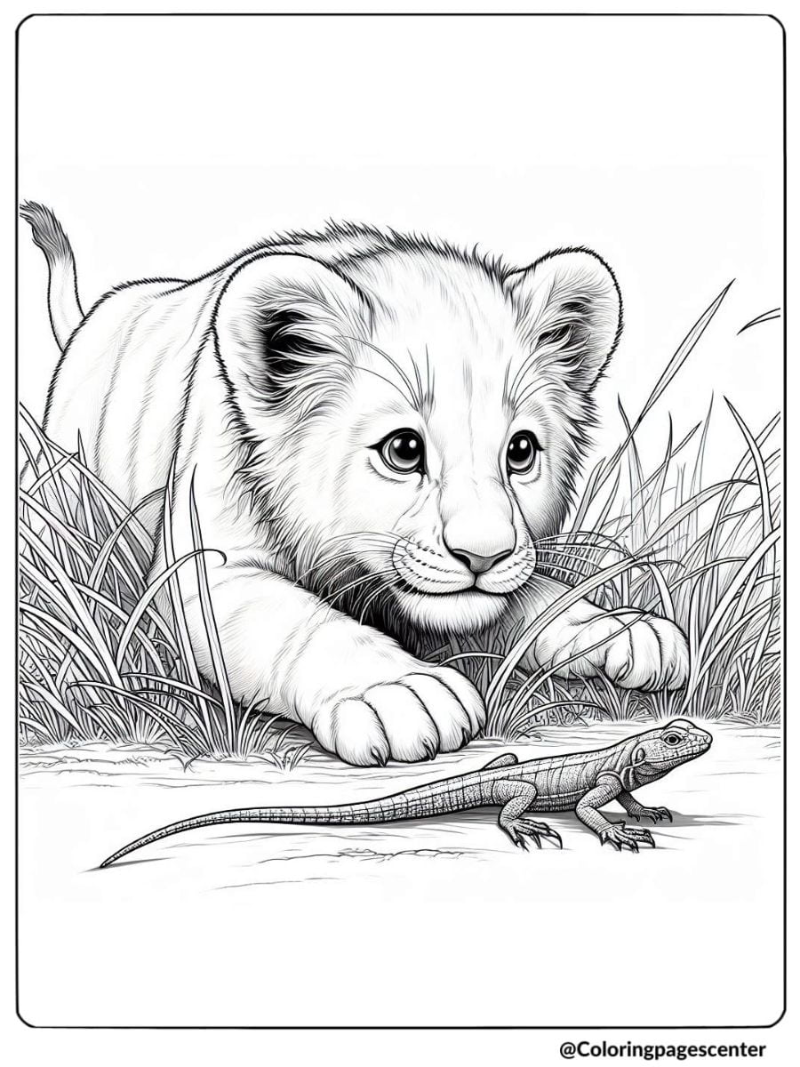 Lion cub crouching near a lizard coloring page