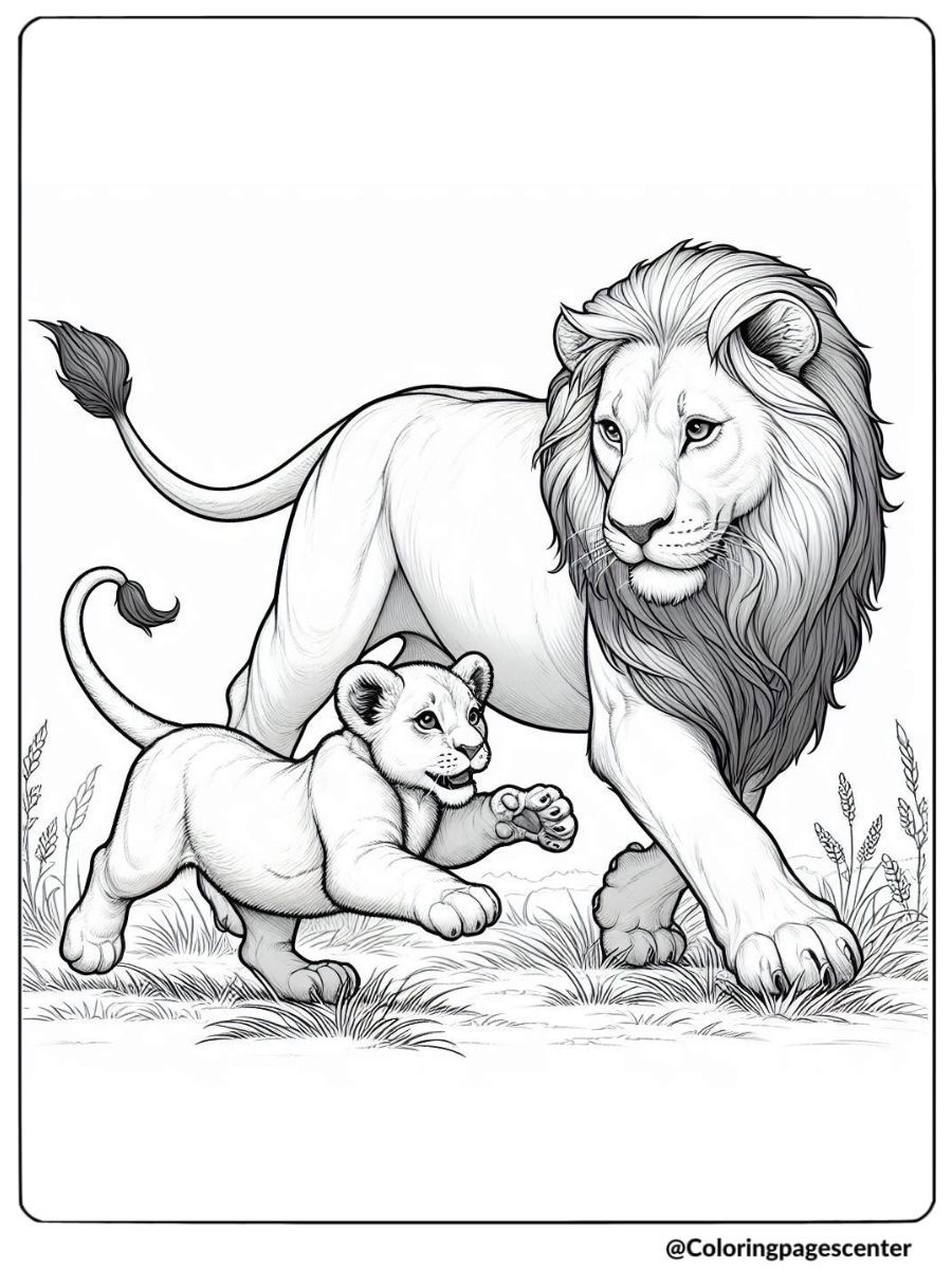 Young lion cub walking with adult lion coloring page