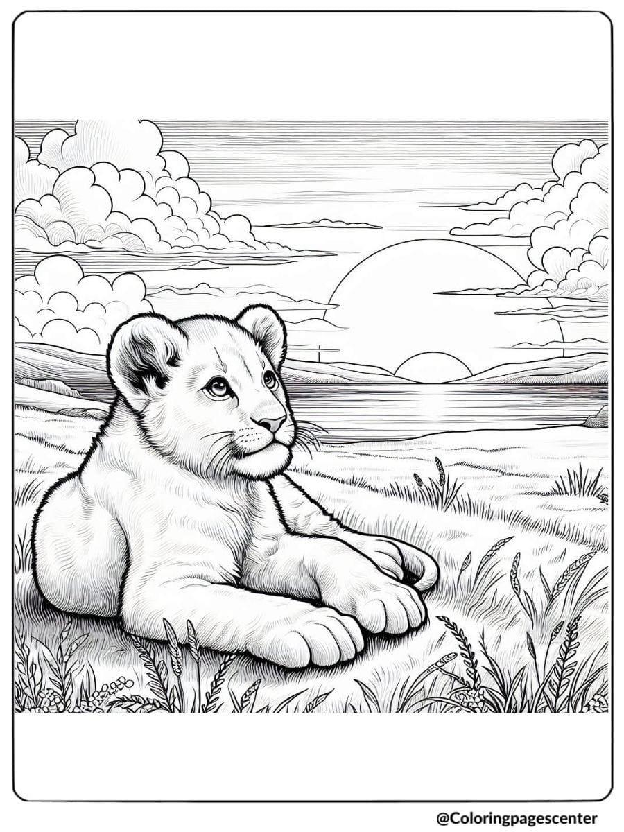 Lion cub watching a sunset in the grass coloring page