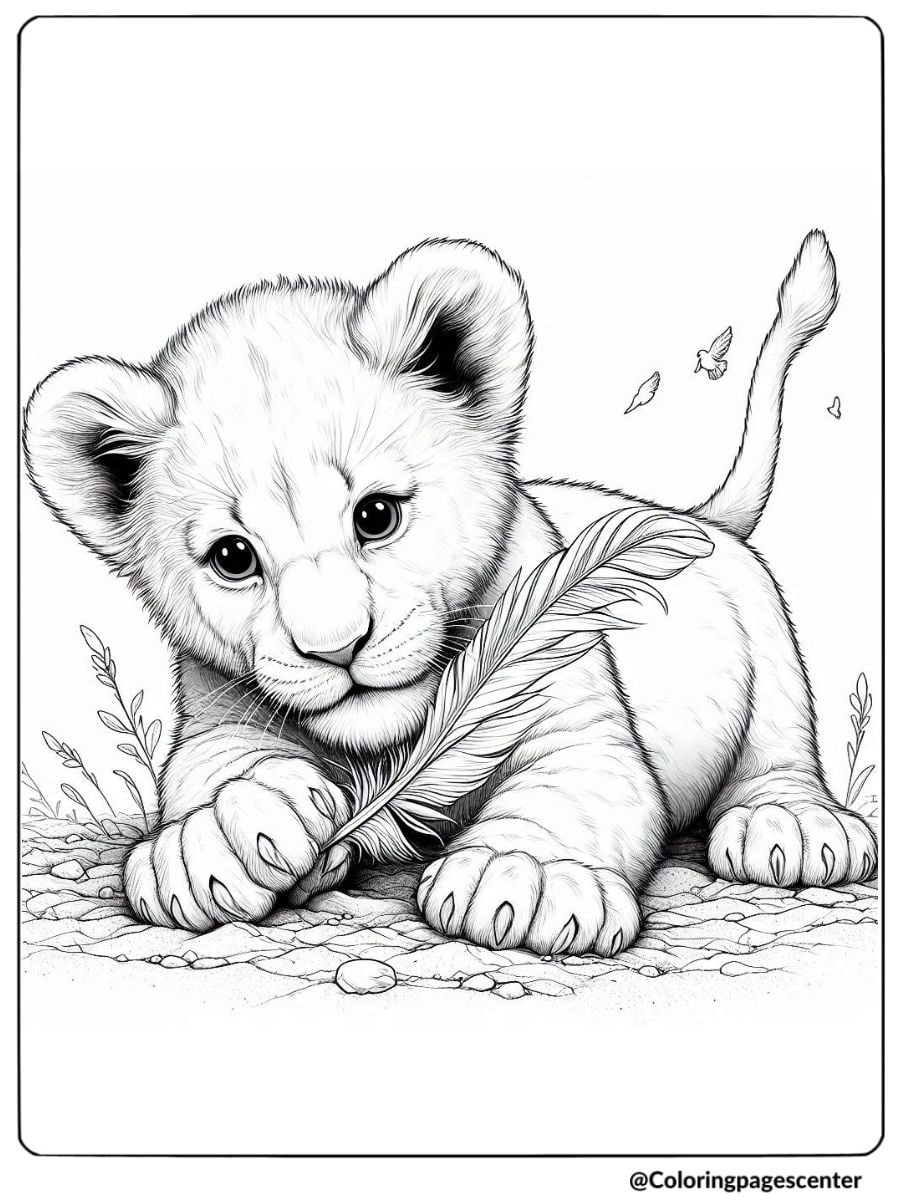 Adorable lion cub playing with a feather coloring page