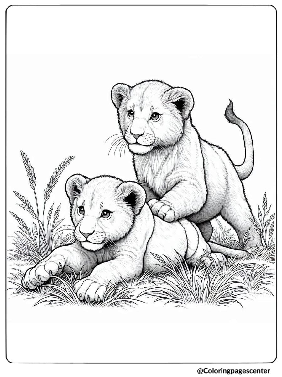 Two lion cubs playing together coloring page