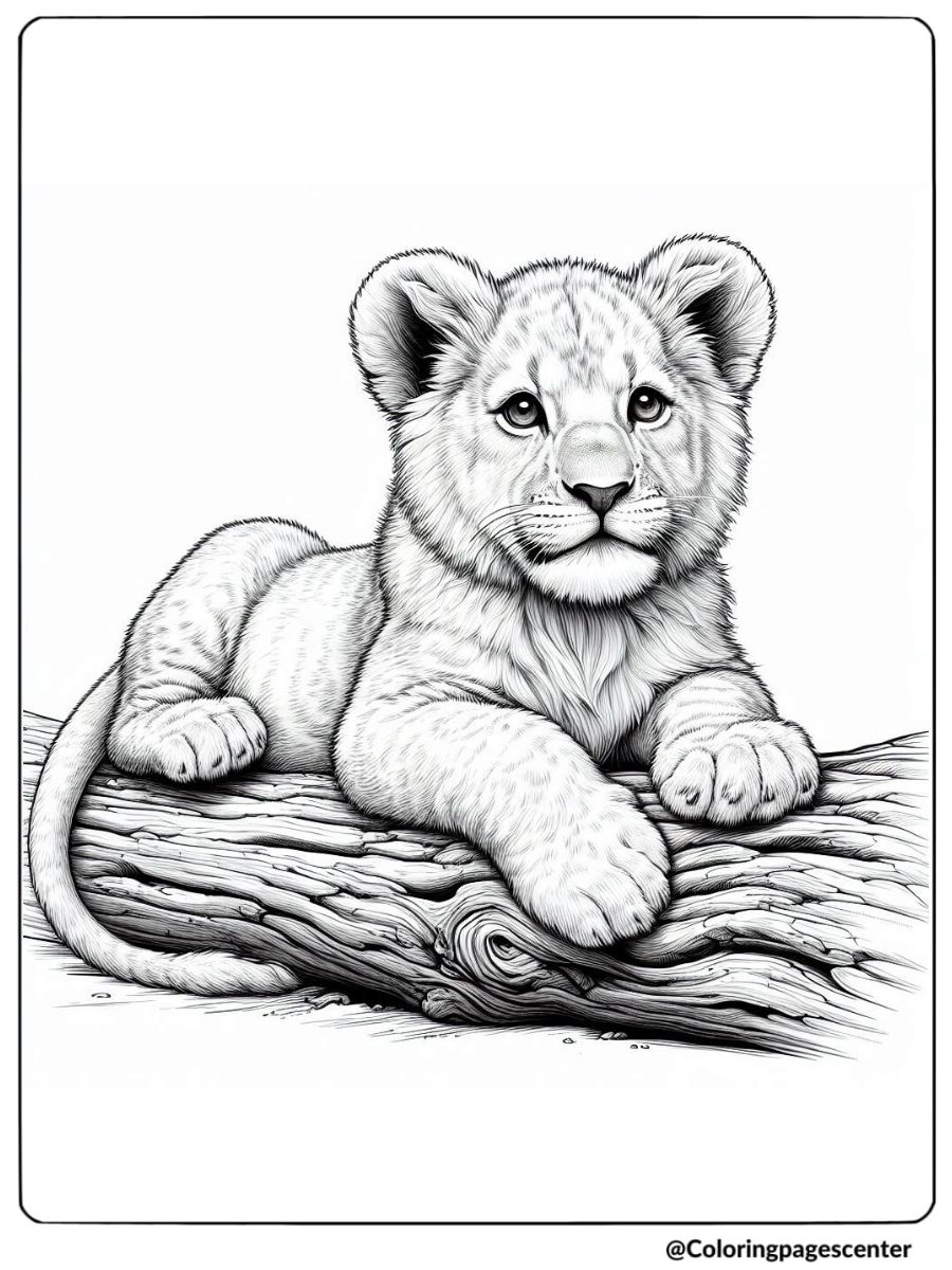 Lion cub resting on a log detailed coloring page