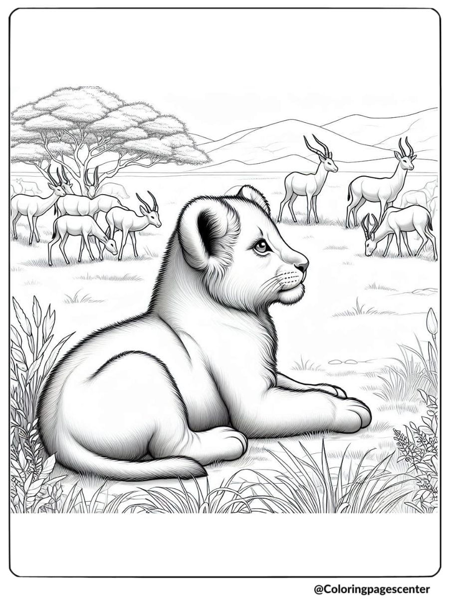 Lion cub sitting in savannah with gazelles coloring page