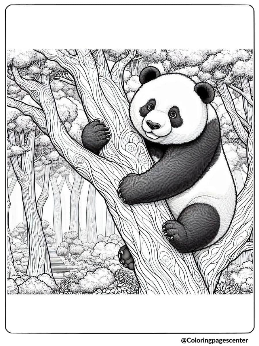 Coloring page of panda on tree trunk