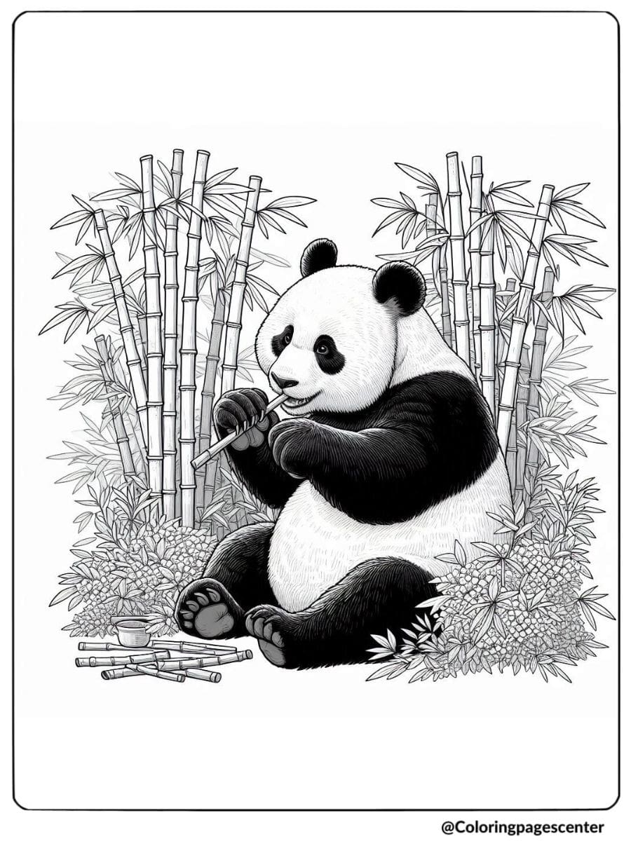 Coloring page of panda munching on bamboo