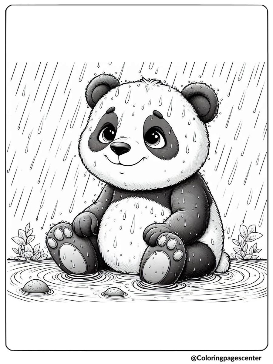 Coloring page of wet panda under rain