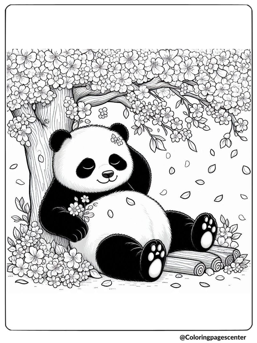 Coloring page of panda under flowering tree