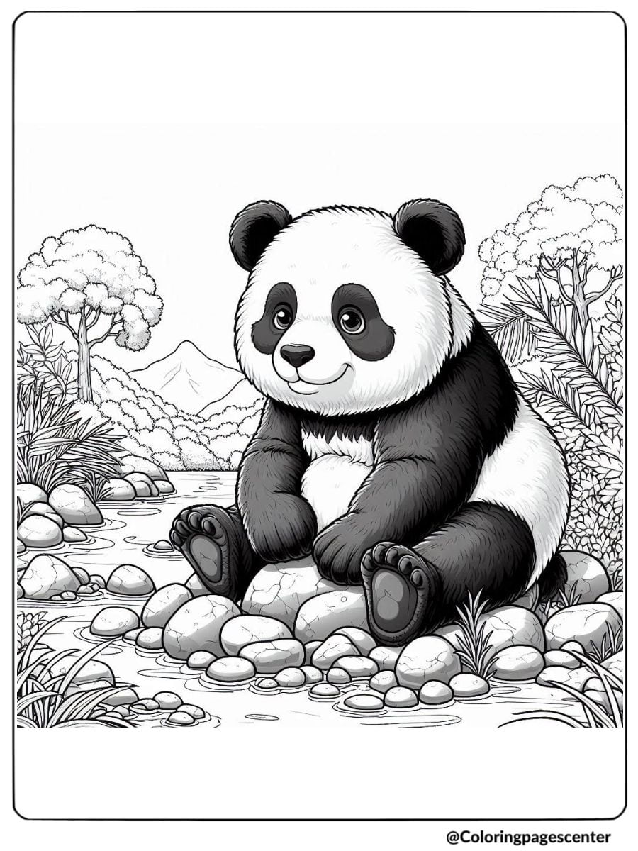 Coloring page of panda relaxing near water