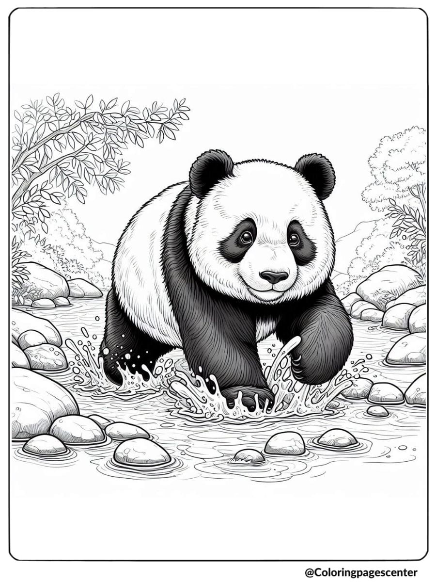 Coloring page of panda walking through water