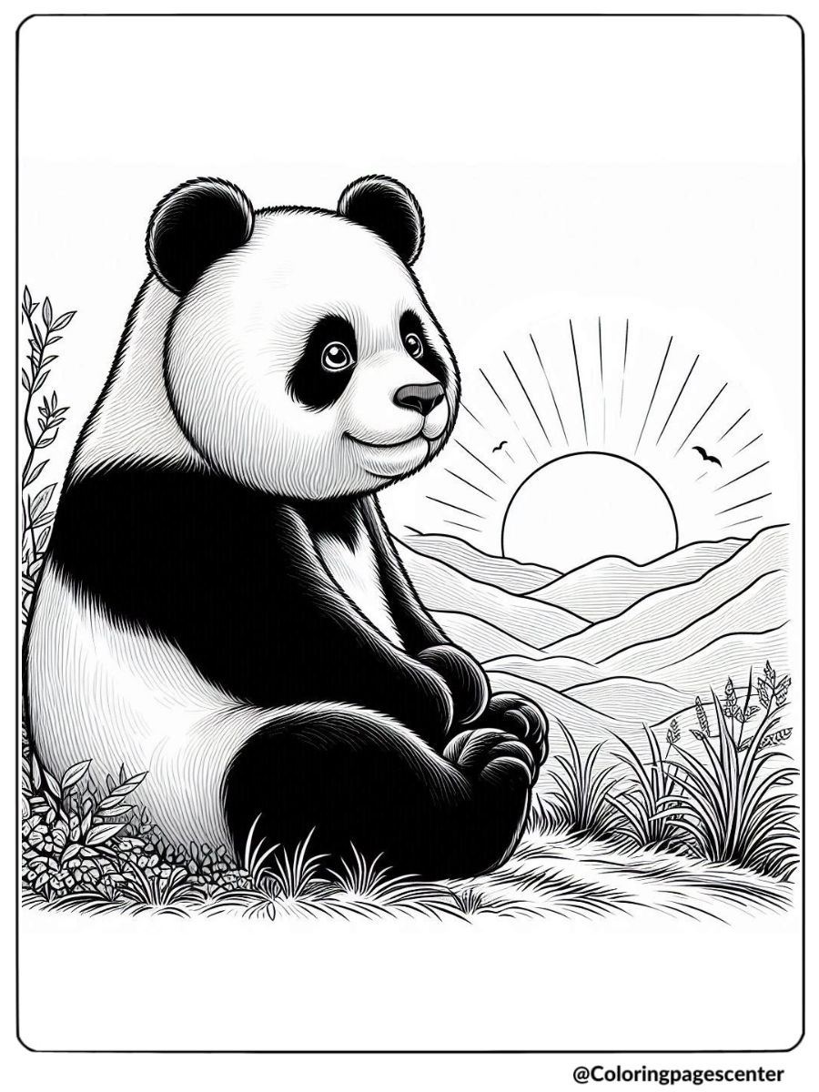 Coloring page of panda sitting with sunrise