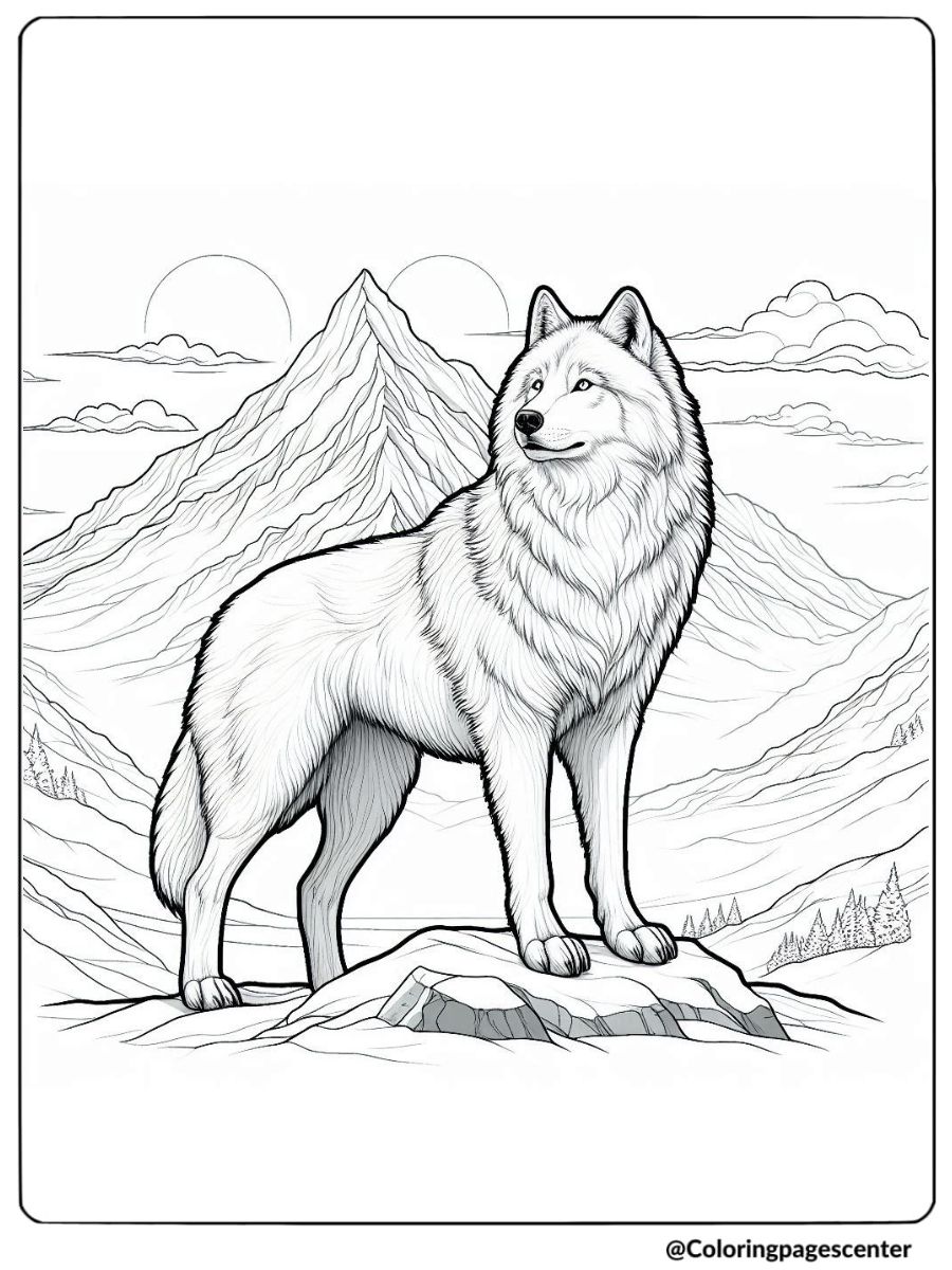 Realistic wolf standing on a mountain coloring page