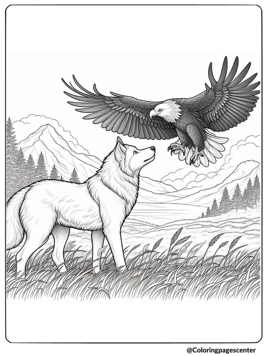 Coloring page of a wolf meeting an eagle in a field