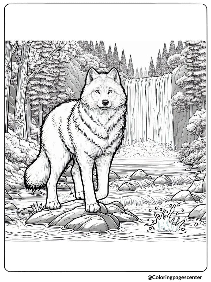 Coloring page of a wolf standing near a waterfall