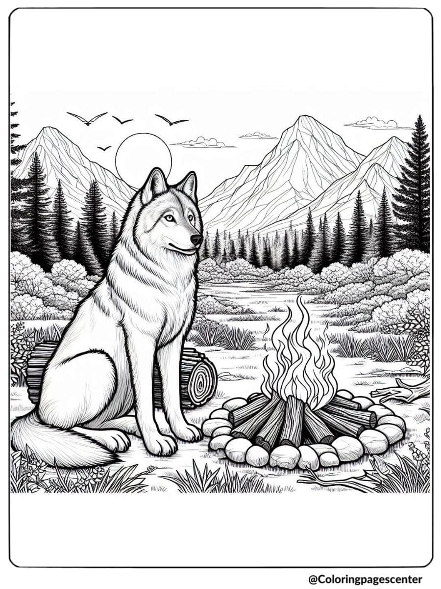 Realistic wolf sitting beside a campfire coloring page