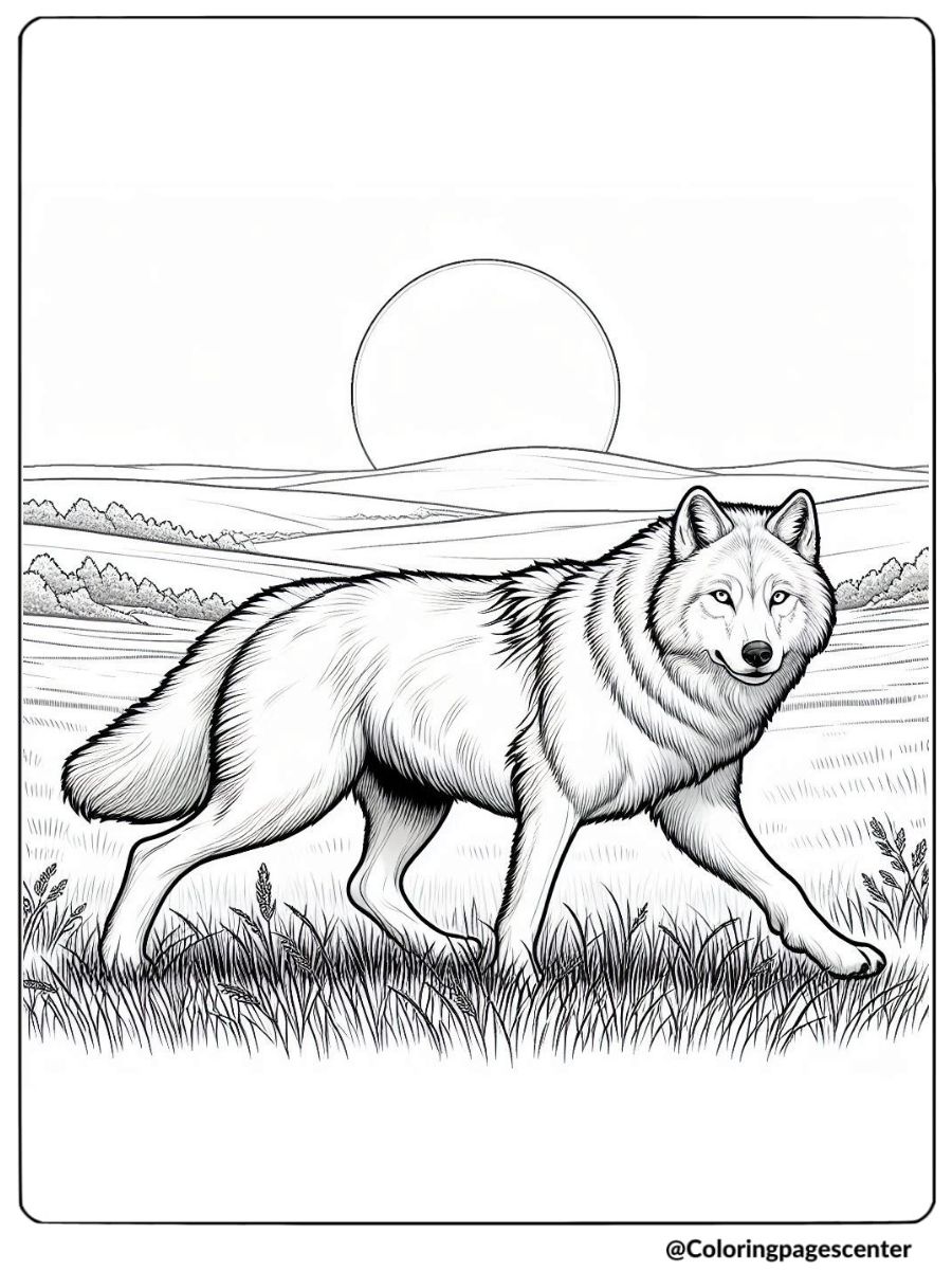 Realistic wolf in a grassy field coloring page