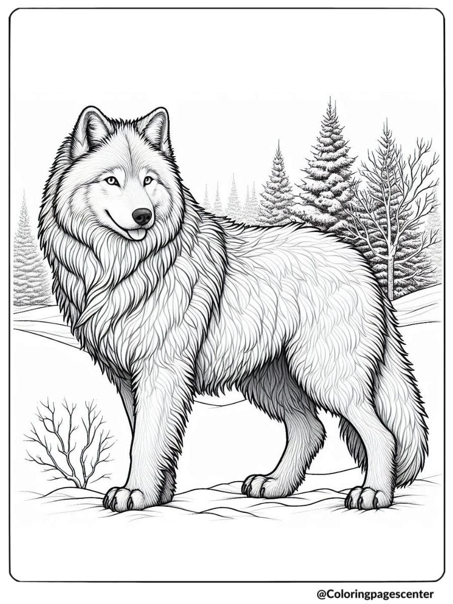 Coloring page featuring a wolf in a winter forest scene