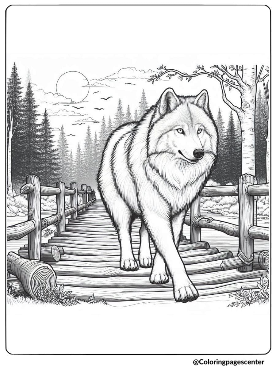 Coloring page of a realistic wolf on a forest bridge