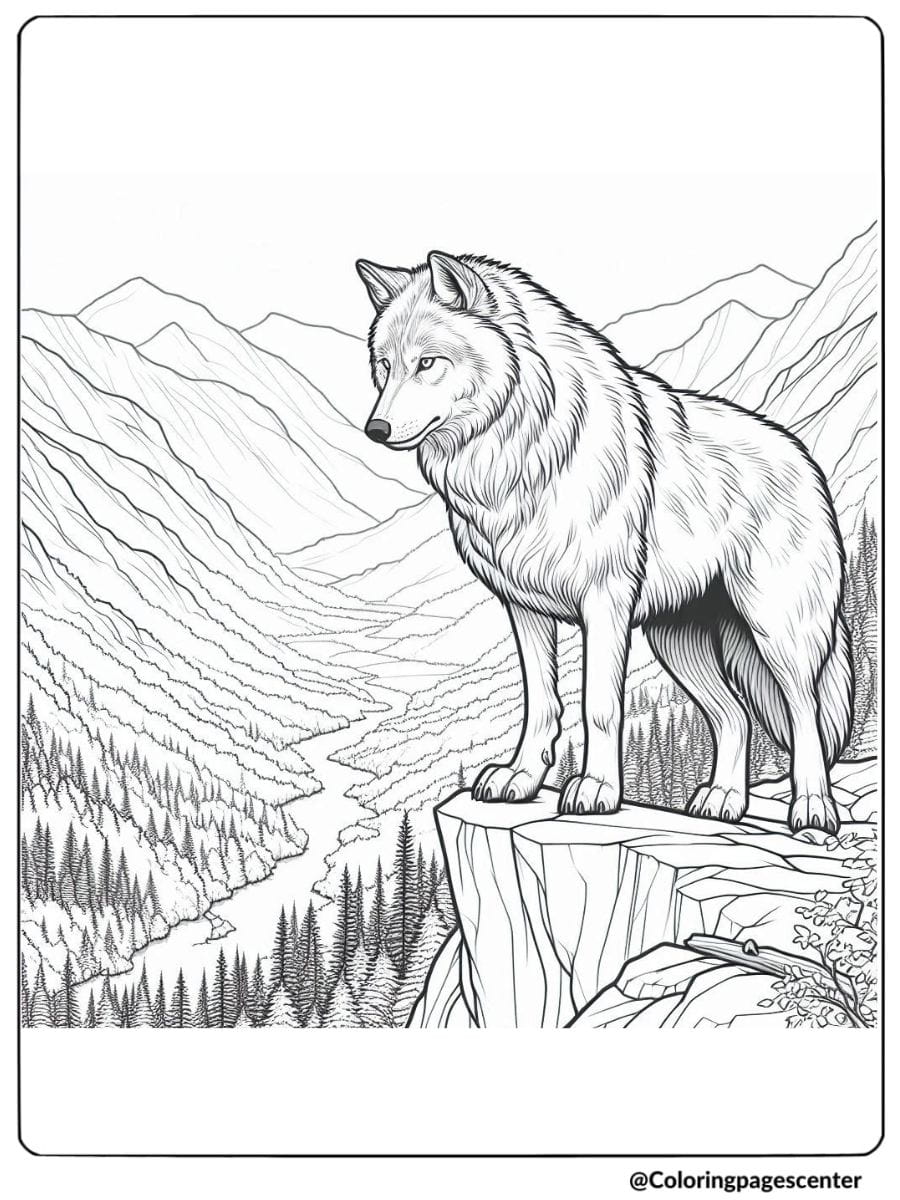 Coloring page of a wolf on a cliff overlooking a valley