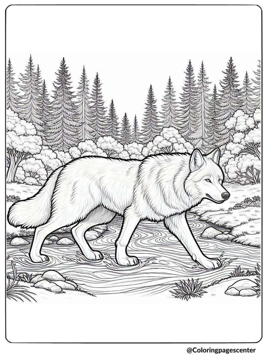 Coloring page featuring a wolf walking through a river