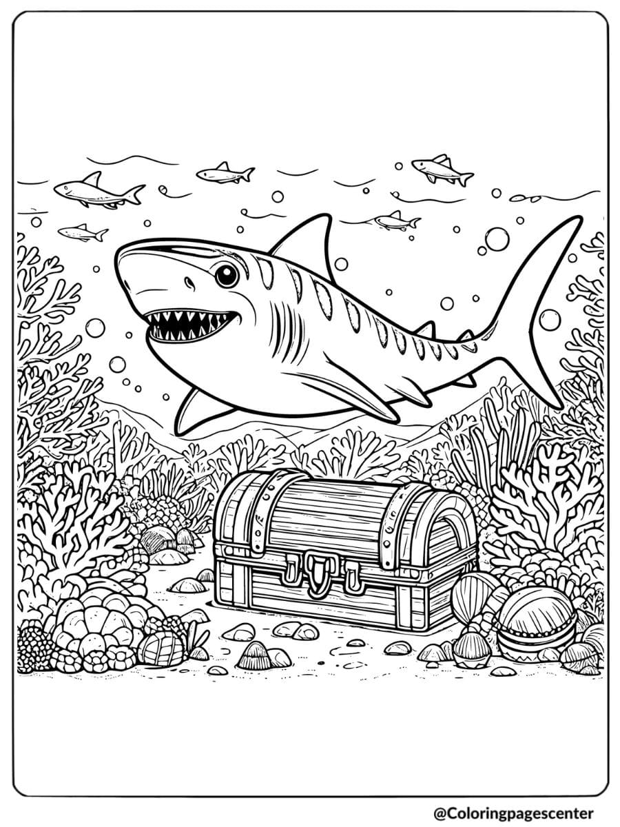 Tiger shark swimming near a treasure chest coloring page