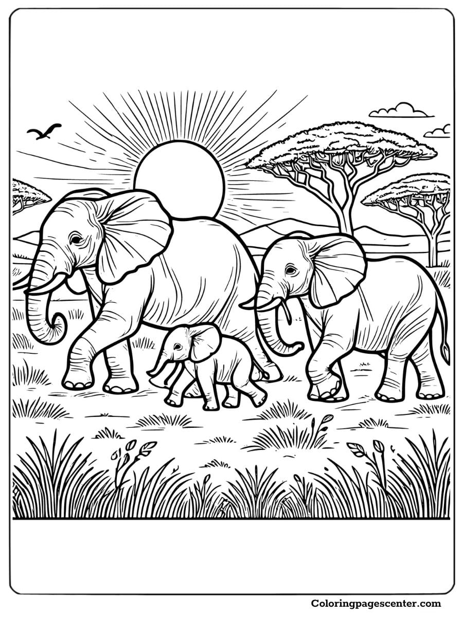 African elephant family in a scenic savanna coloring page