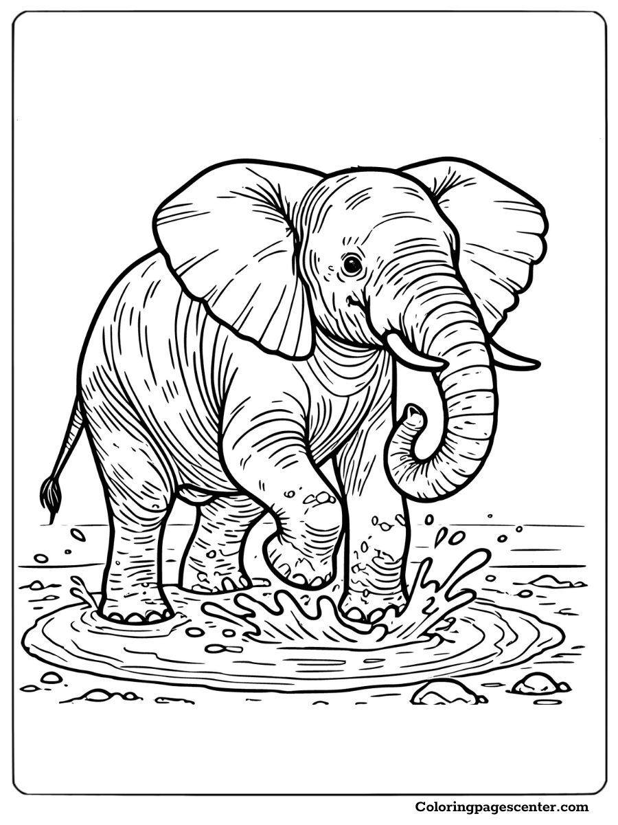 Cute baby African elephant splashing in water coloring page