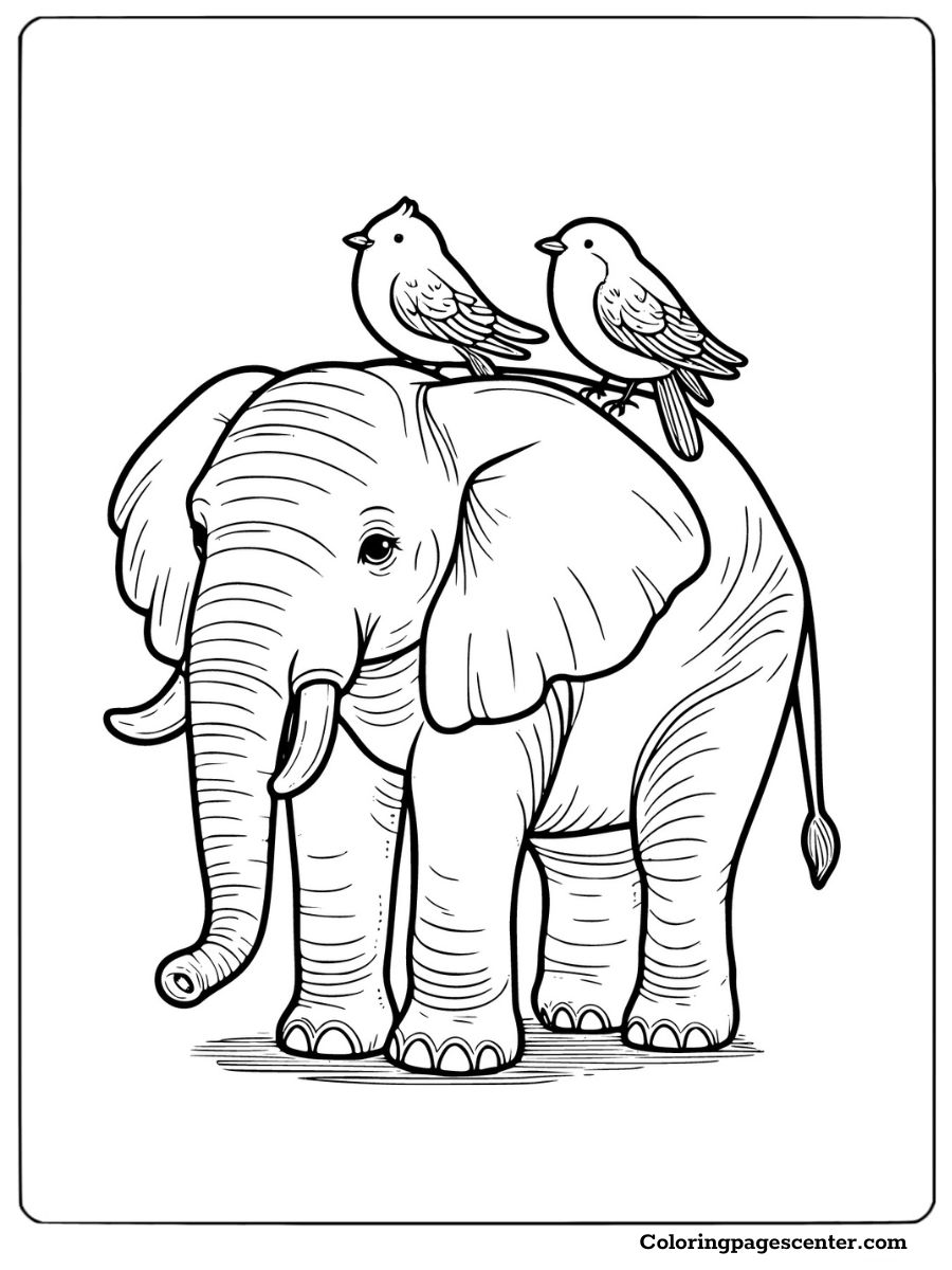 Friendly African elephant with two birds on its back coloring page