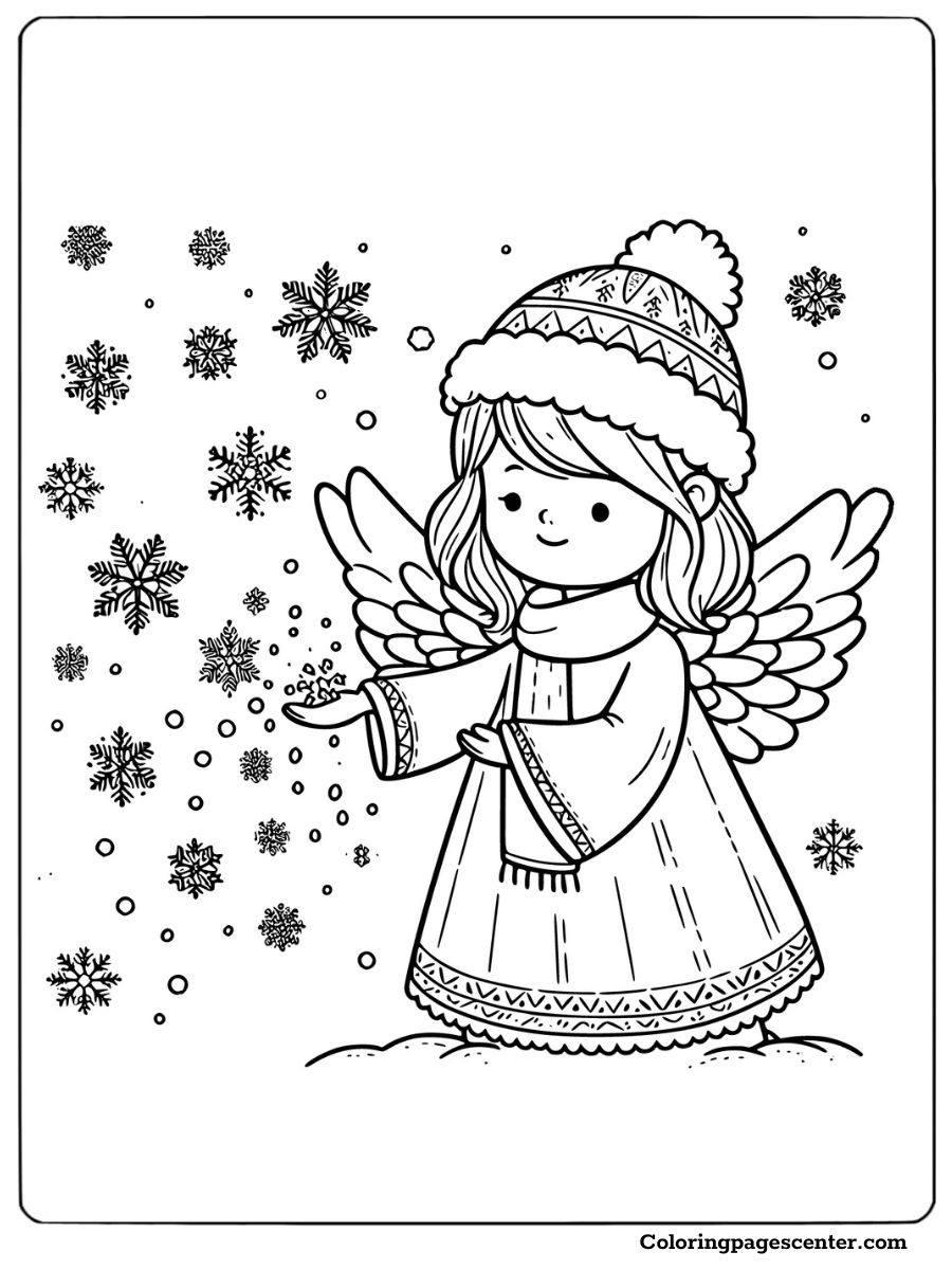 Christmas angel playing with snowflakes coloring page