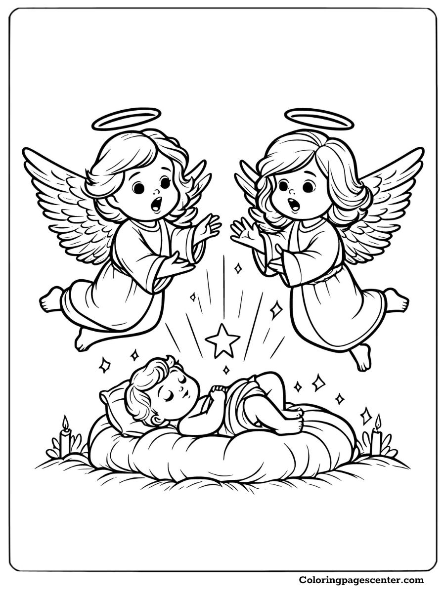 Two angels and baby Jesus in nativity scene coloring page