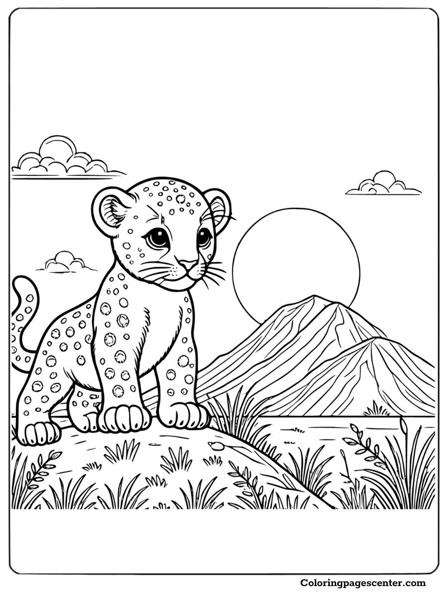 Baby leopard on a hilltop with a scenic view coloring page