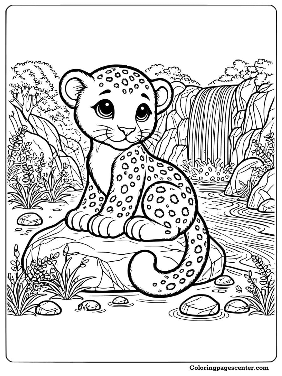 Baby leopard sitting by a serene waterfall with lush greenery coloring page