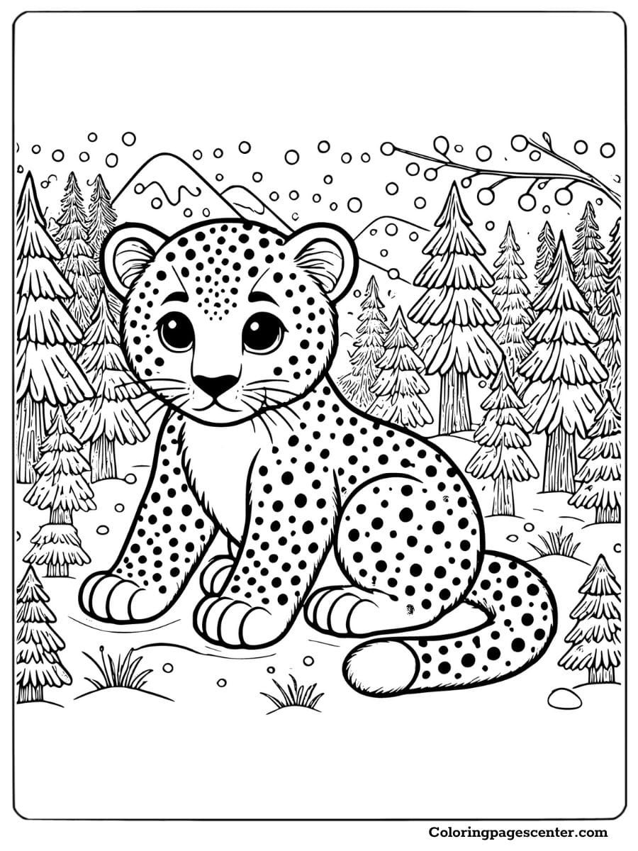 Adorable baby leopard resting in a snowy forest coloring page