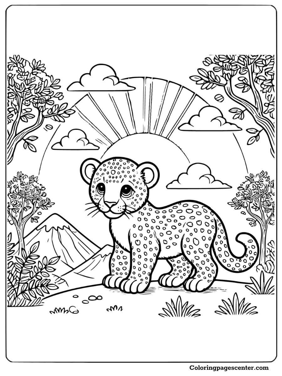 Cute baby leopard in a forest with mountains and trees coloring page