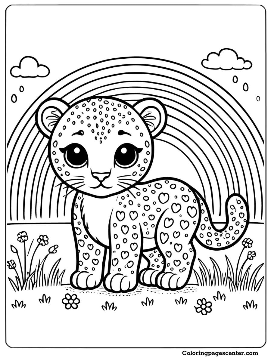 Playful baby leopard under a colorful rainbow coloring page