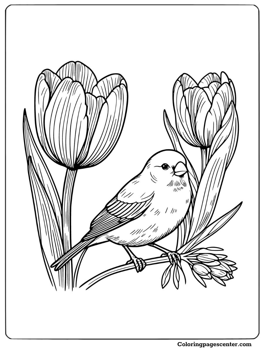 Bird perched between blooming tulips with leaf details coloring page