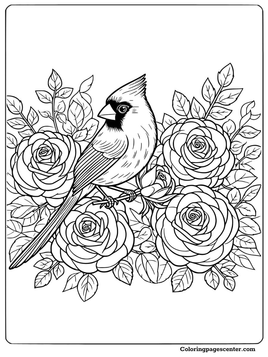 Coloring page of a bird surrounded by detailed rose flowers