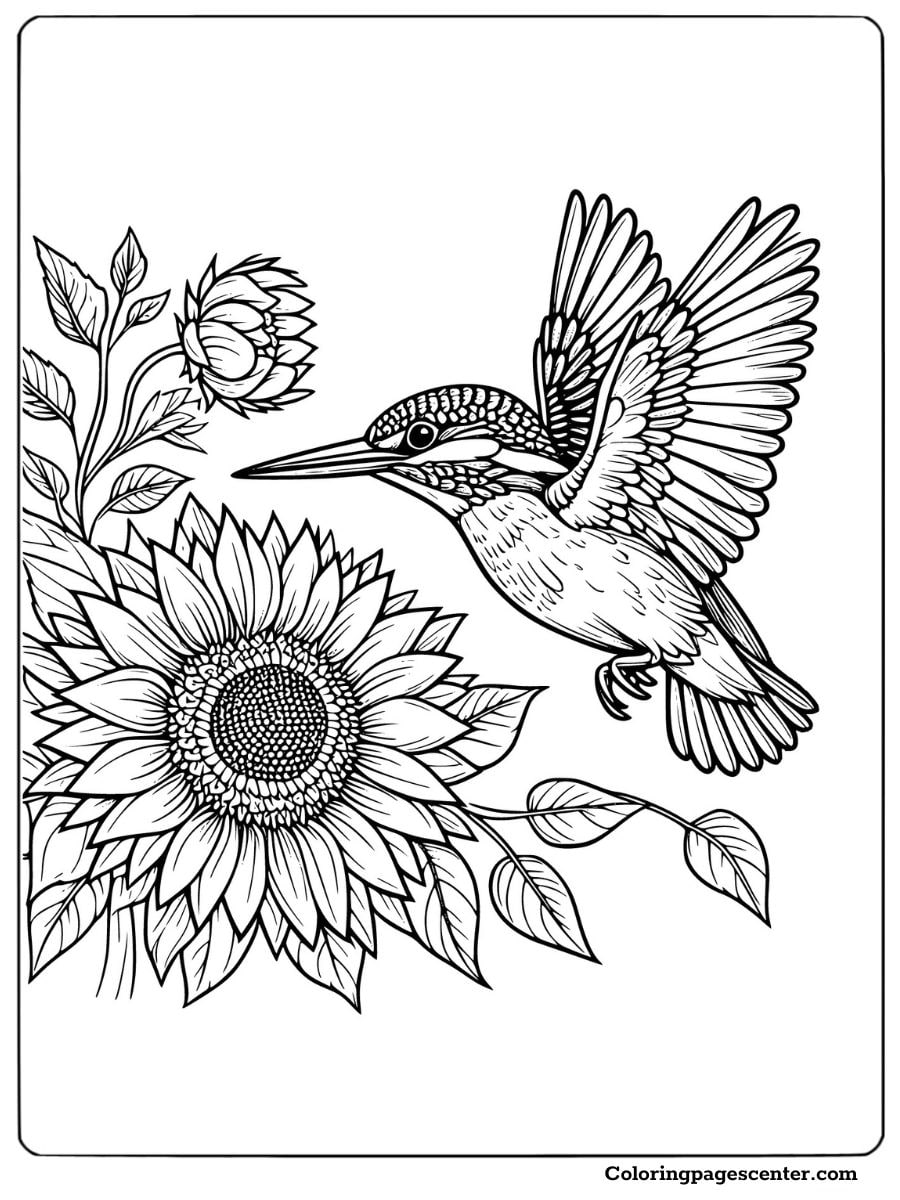 Coloring page of a hummingbird flying near large sunflowers