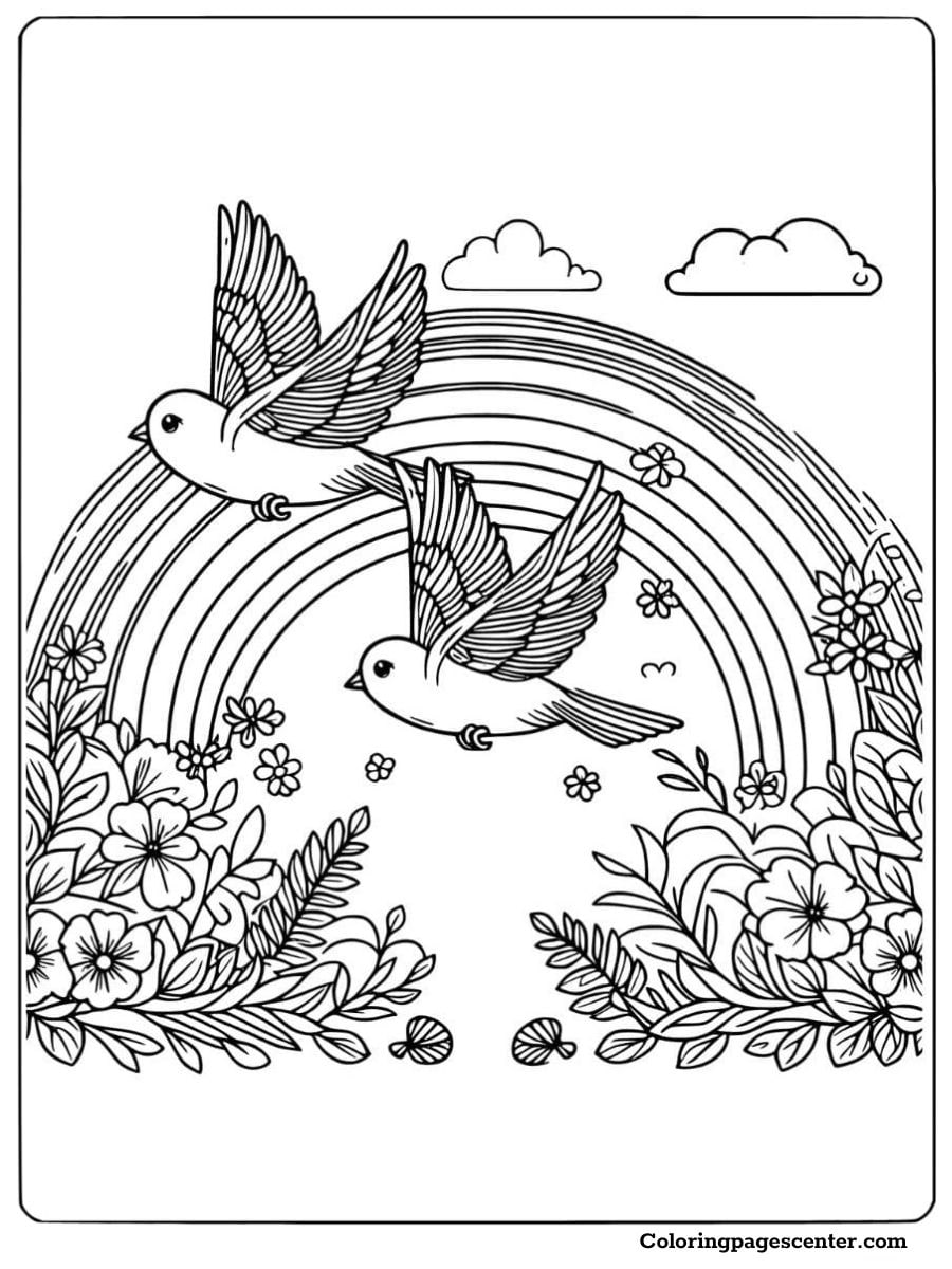 Two flying birds with flowers and a rainbow coloring page