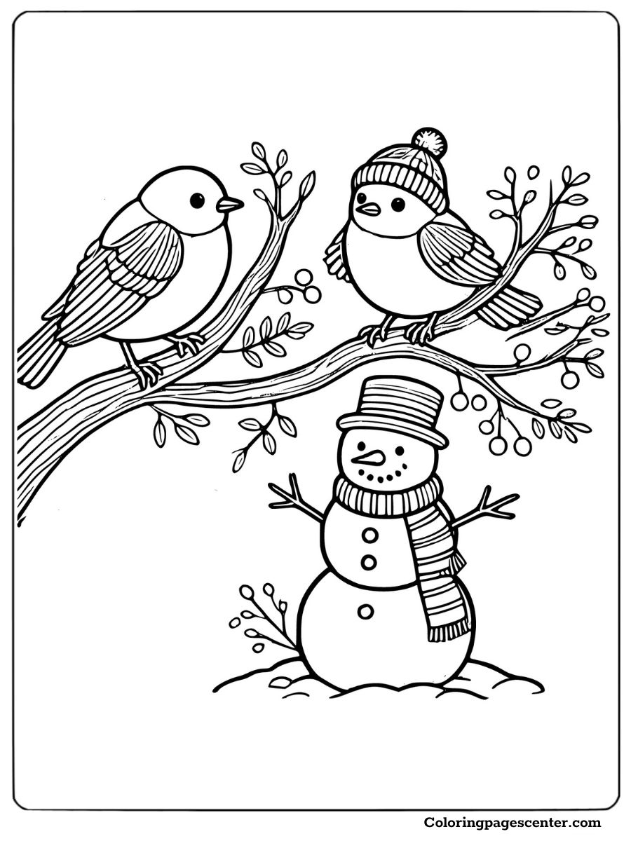 Two birds on a tree near a snowman coloring page