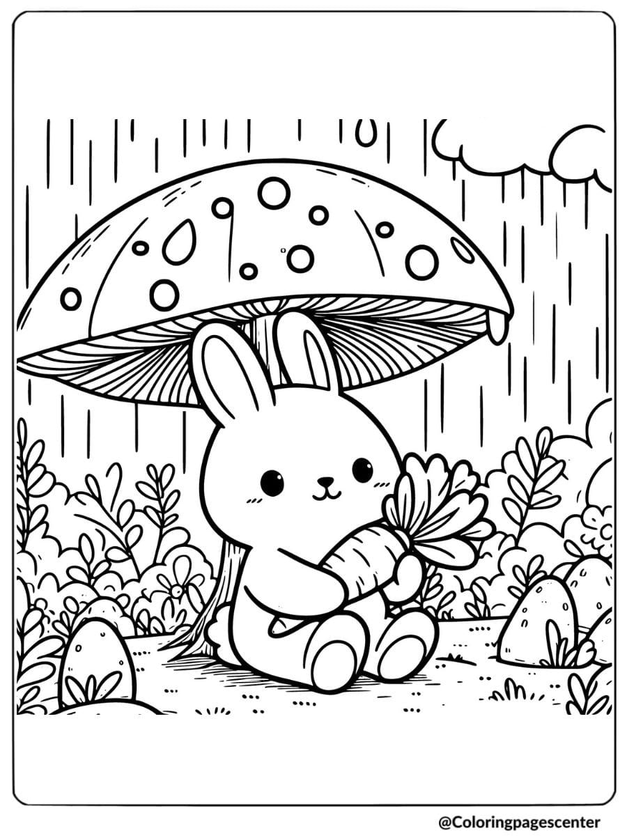 Bunny holding a carrot under a mushroom coloring page