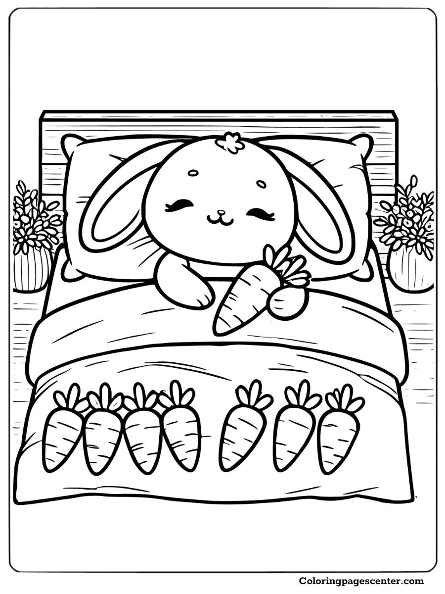 Sleeping bunny surrounded by carrots in bed coloring page