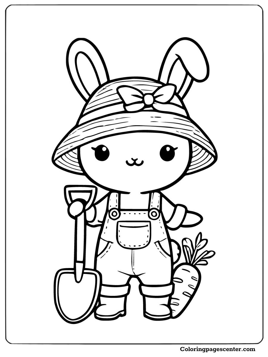 Bunny holding a shovel and a carrot coloring page