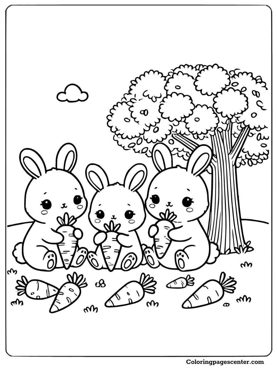 Group of bunnies eating carrots under a tree coloring page